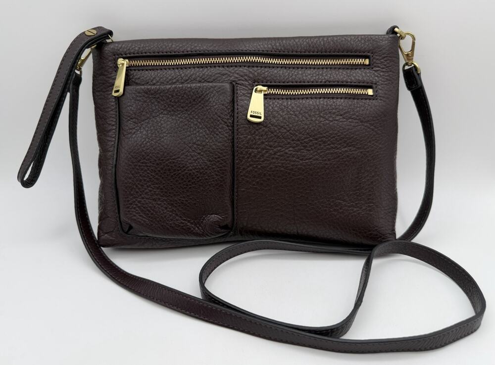 Fossil Crossbody Purse Dark Brown Pebbled Cowhide Leather Multi Pockets